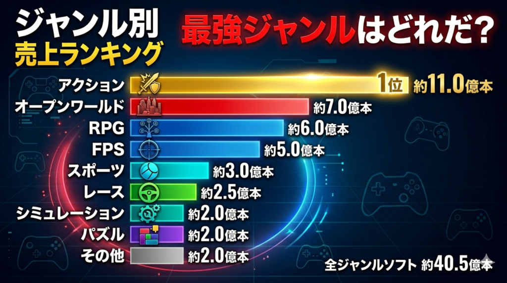 世界歴代ゲームソフト累計販売本数ジャンル別 売上本数(概算)イラスト