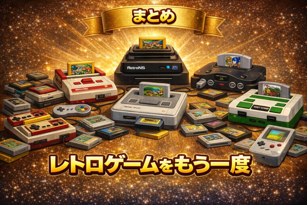レトロゲーム互換機おすすめランキングTOP3｜ハード別おすすめ互換機も紹介【2026年最新版】まとめイラスト