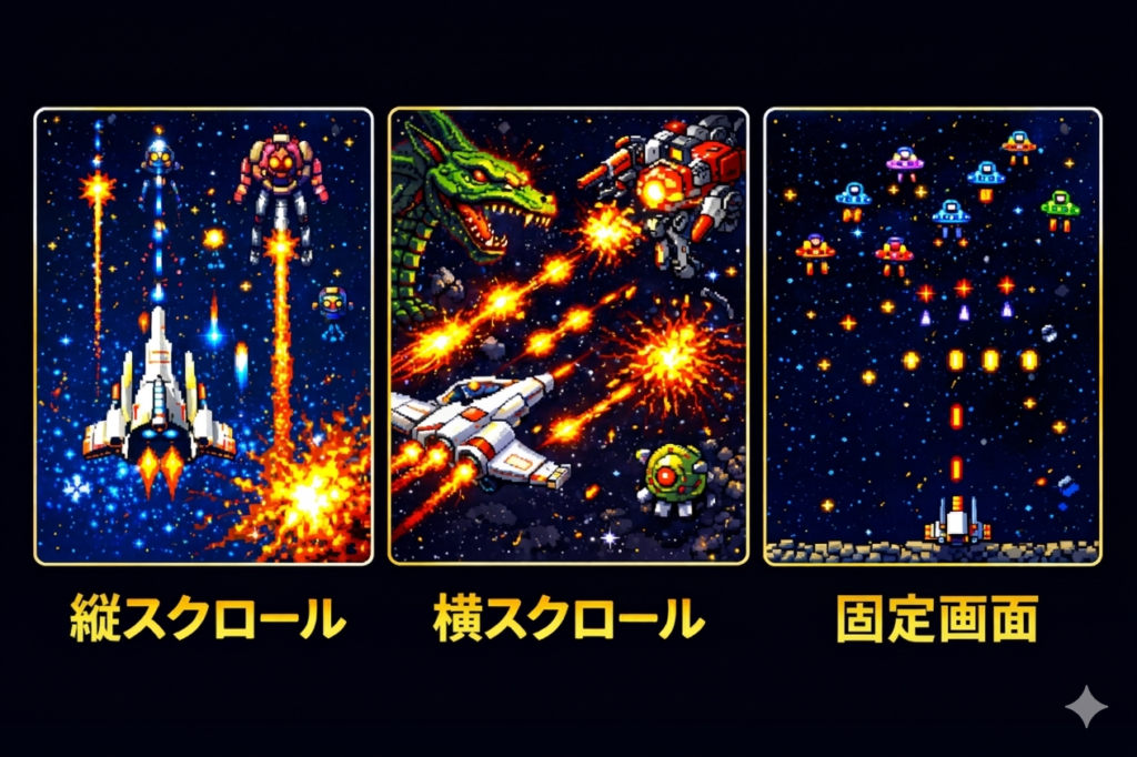 ファミコンシューティングゲームの主な種類イラスト