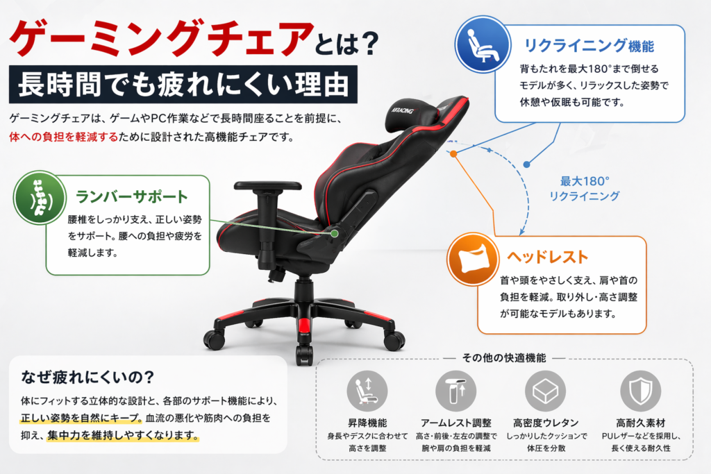ゲーミングチェアとは？長時間プレイを前提に設計された椅子画像